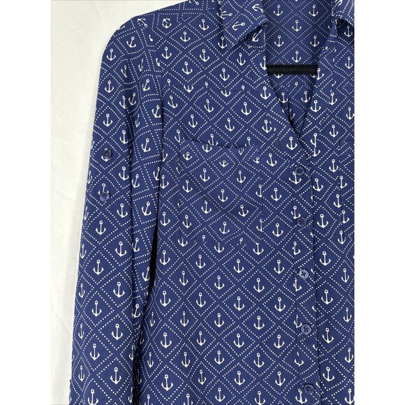 Express Portofino Shirt Womens Size XS Navy Blue Anchor Long Sleeve Roll Tab - Picture 6 of 14